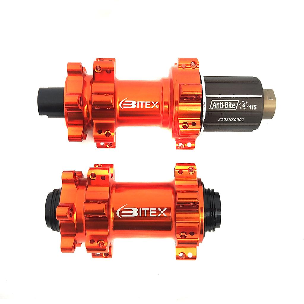 JUEGO DE MAZAS MTB BITEX BX401 28H STRAIGHT PULL 15X100/12X142 HG NARANJA